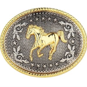 New western gold and silver oval Horse belt buckle approximately 3.75